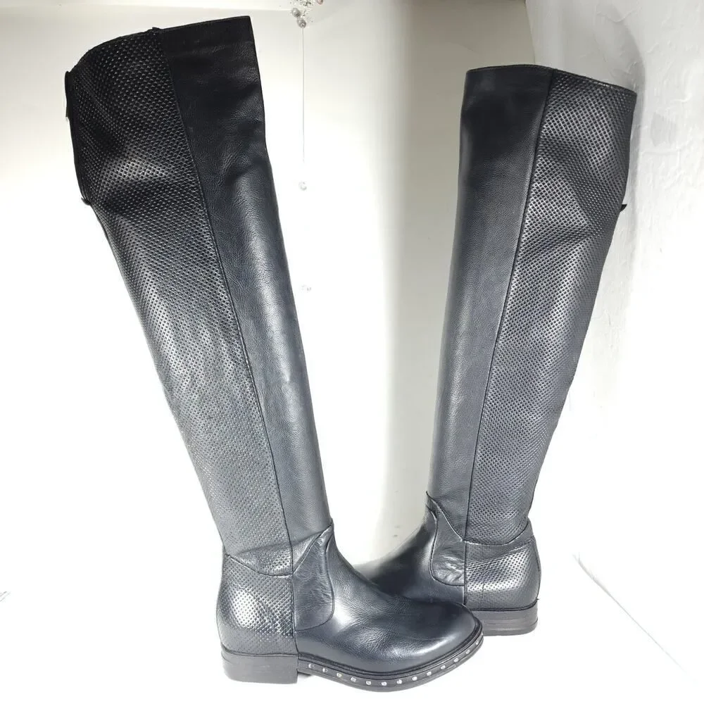 A.S.98 Women's US36 EU6 Black Soft Leather Zip Studded Tall Over The Knee Boots